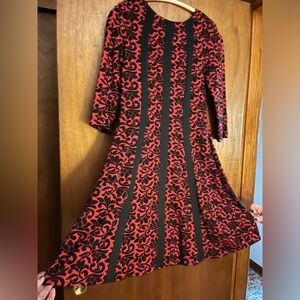 Red & black fit & flare dress, with narrow black vertical strip inserts
